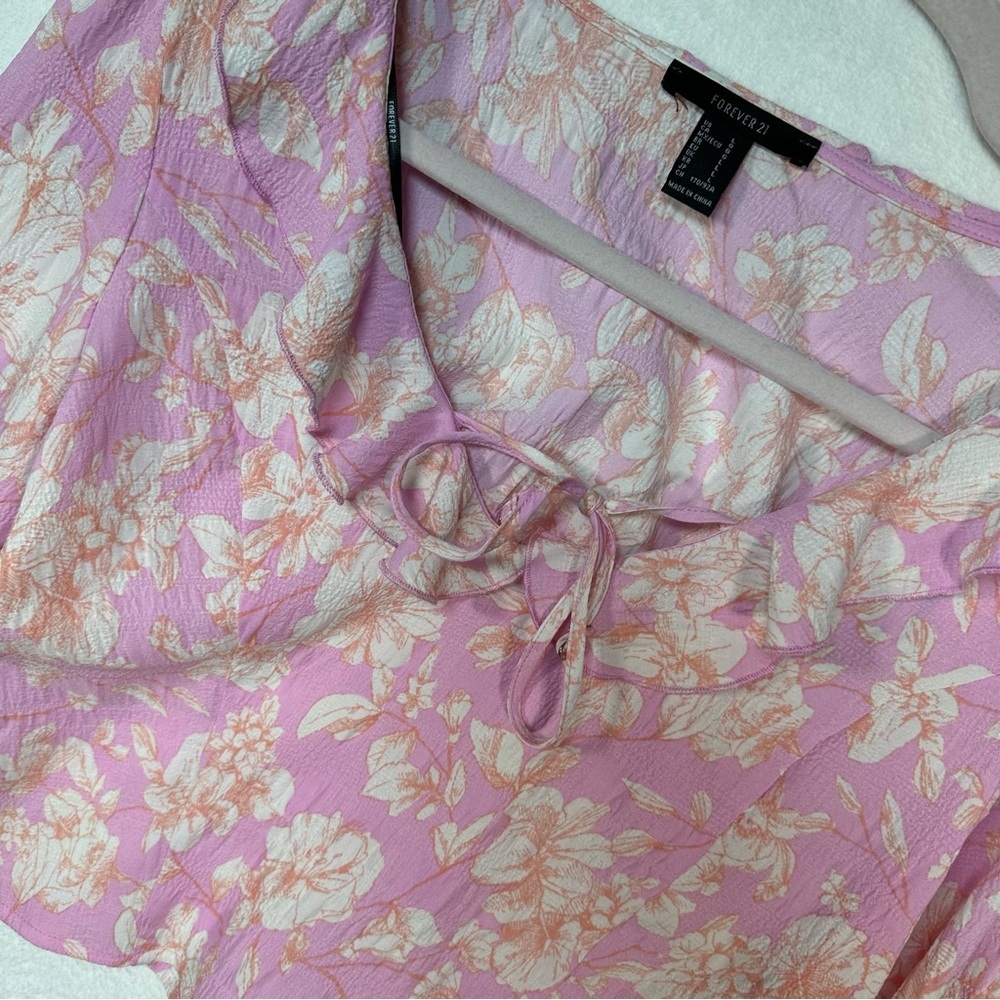 Pink Floral Ruffled Puffy Short Sleeve Crop Top Size Large Forever 21‎ Preppy - Picture 2 of 9